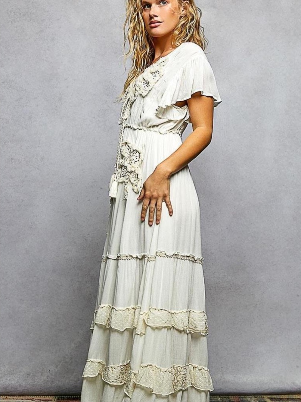 POL Cream Boho Lace-Trim Maxi Dress